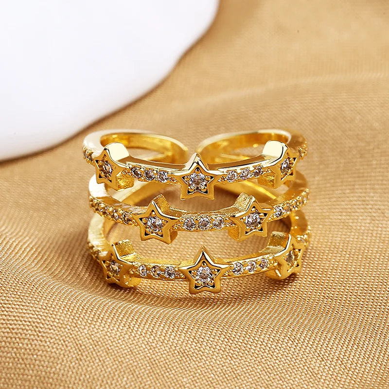 Dospita New Cold Starry Multi-layer Open Ring Female Full Of Rhinestones Niche Fashion Three-layer Star Ring