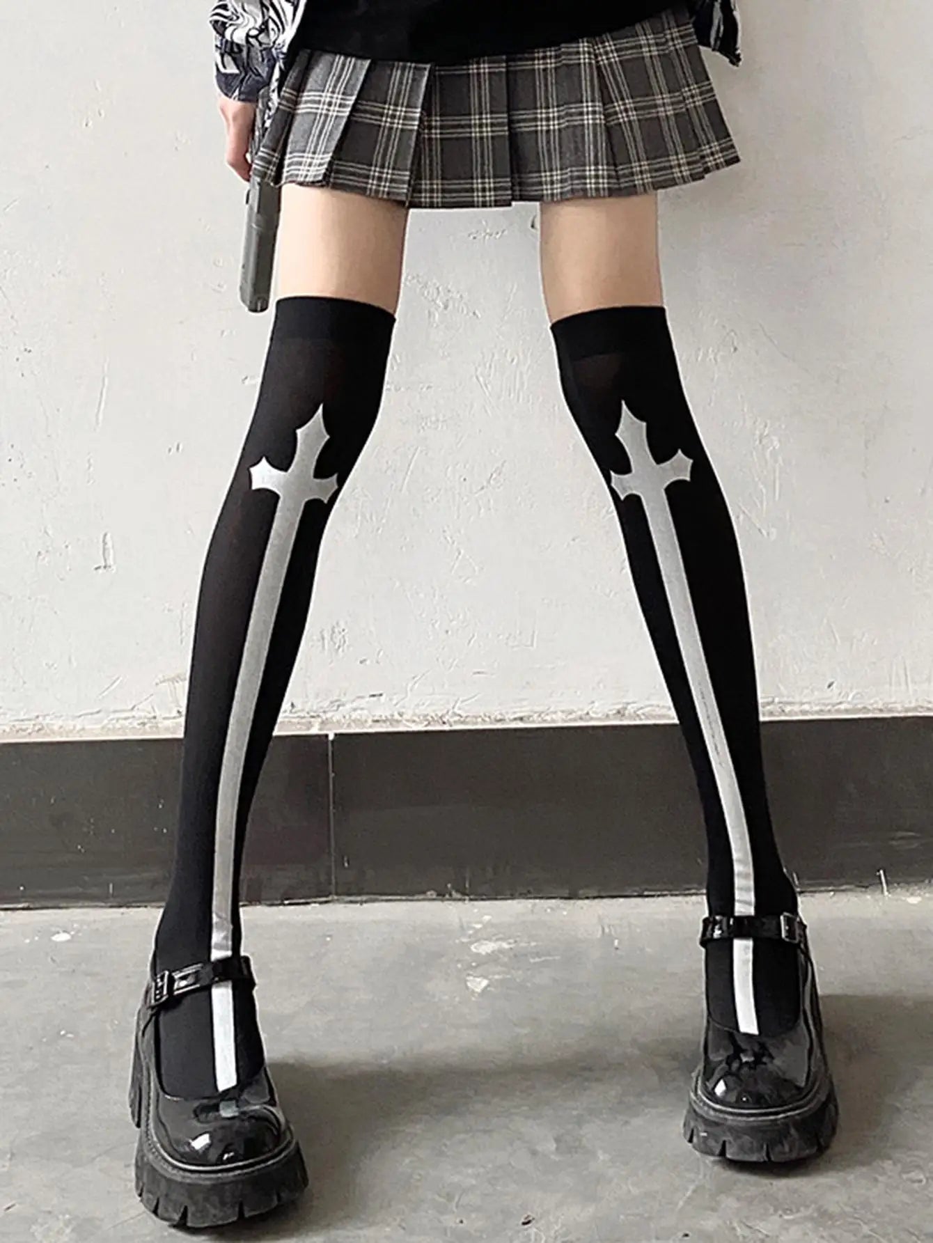 Dospita 1 pair of cross long tube JK socks printed knee length socks velvet material performance Cos stockings Lolita stockings