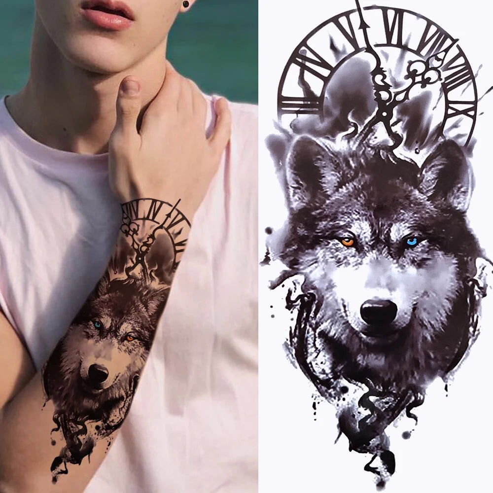 Dospita  -  1 Sheet Black Forest Tattoo Sticker for Men Woman Child Tiger Wolf Skull Flower Temporary Tattoo Skull King Animal Fake Tattoo