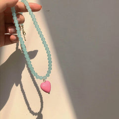 Dospita  -  Blue Beaded Neckchain Heart Necklace Love Heart Contrast Color Choker