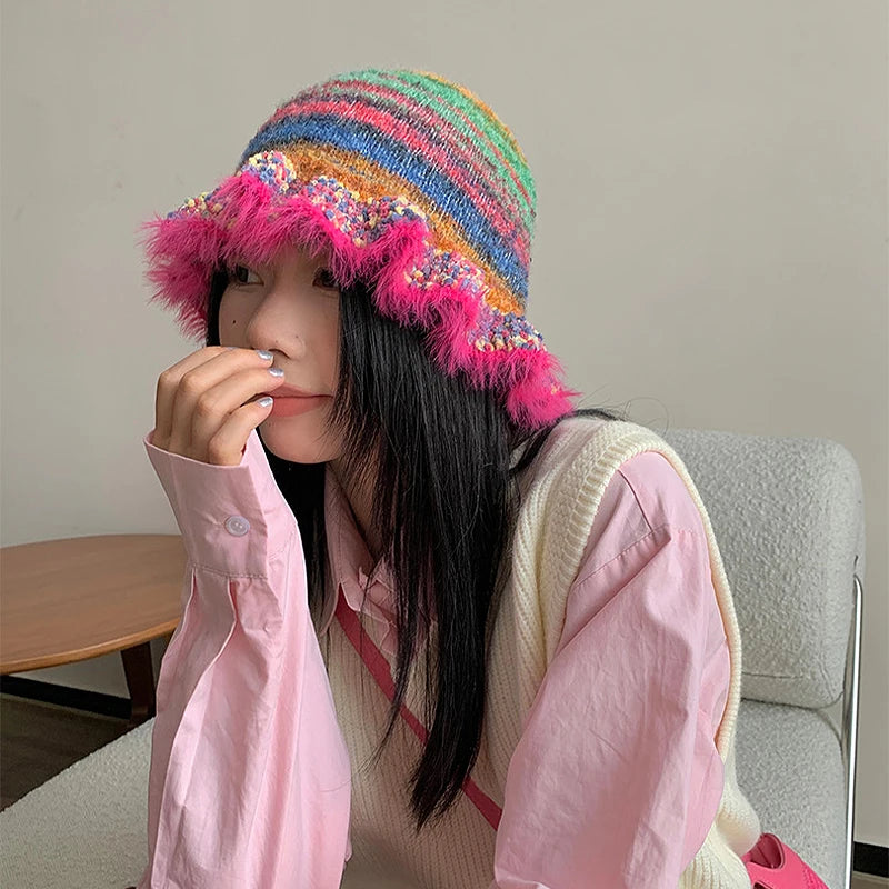 Dospita New Rainbow Gradient Knitted Hat for Women Autumn Winter Soft Warm Faux Fur Bucket Caps Retro Casual Striped Beanies Hats