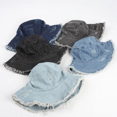 Dospita New Denim Bucket Hat with Frayed Edges Fisherman Cap Hats for Women Gorro Sun Fishing Caps