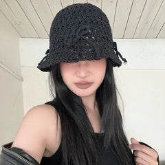 Dospita Korean New Bow Knitted Bowl Hat Womens Summer Hollow Thin Cute and Versatile Small Round Top Fisherman Hat Y2k Girls Bucket Hats