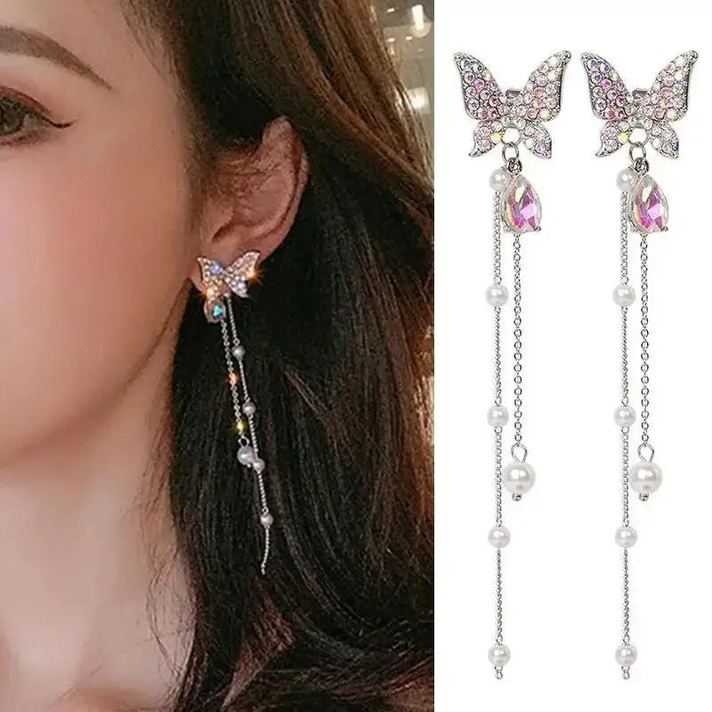 Dospita  -   Needle Purple Butterfly Long Tassel Earrings For Women Jewelry Trending Korean Fashion Luxury Crystal Earrings