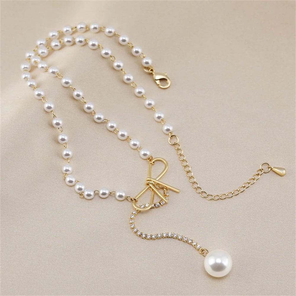 Dospita Natural Freshwater Pearl Rhinestone Bow Necklace For Women Pendant Choker Necklace Neck Chain Charm Accessories Jewelry