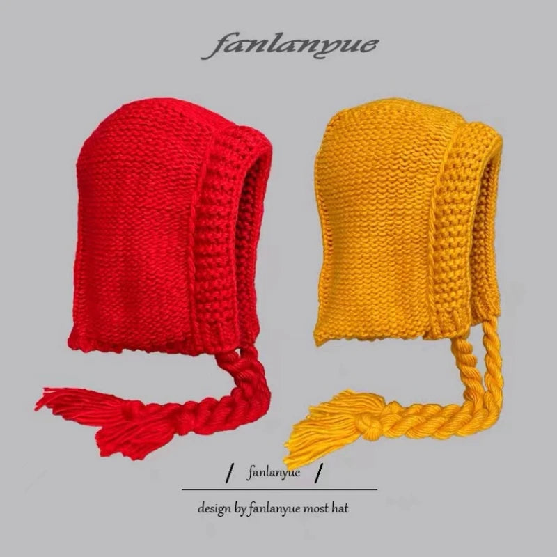 Dospita New Red Bomb Cap Korean Version of The Autumn and Winter Christmas Thickened Knitted Women's Cap Retro Cute Outdoor Warm Beanies