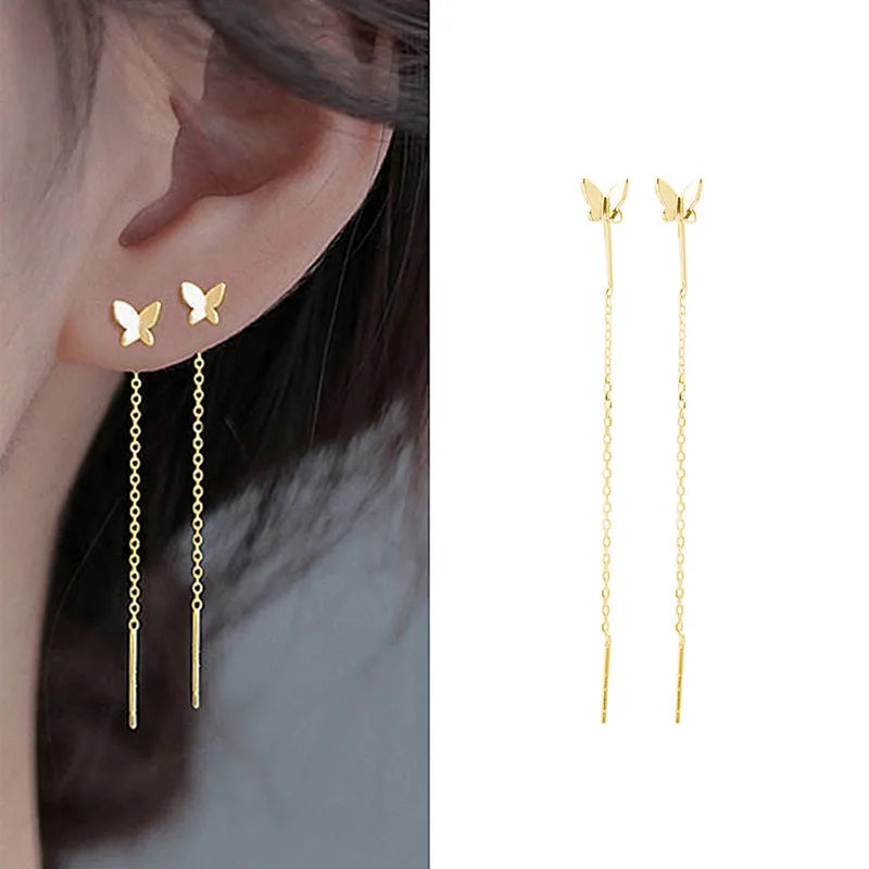 Dospita  -  New Elegent Butterfly Long Tassel Ear Line Dangle Earrings For Women Korean Sweet Temperament Pearl Drop Earrings New Jewelry