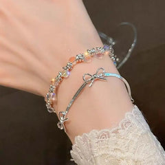 Dospita Shiny Crystal Beads Bracelet for Women Korean Romantic Sweet Bowknot Shiny Bracelet Exquisite Jewelry Girl Simple Pulseras Mujer