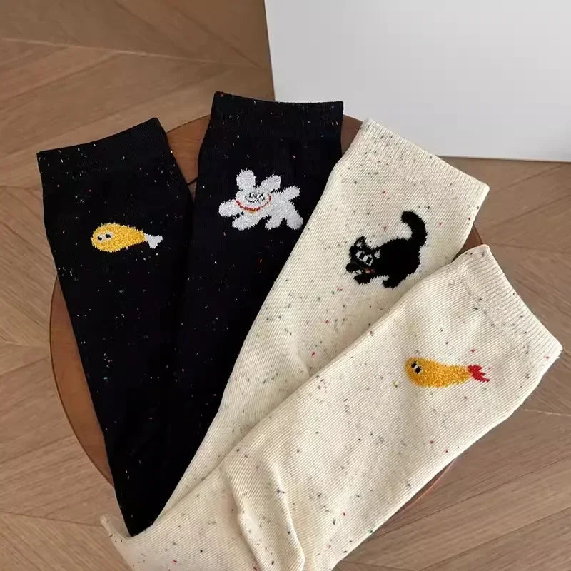 Dospita  -  1/2pairs New Autumn Vintage Dot Women Cat Fish Socks Cute Cartoon Cat Fish Pattern Middle Tube Socks Soft Thermal Warm Crew Sock