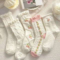 Dospita 5 Pairs Cute Lace Mid Tube Socks Women's Lolitajk Ruffled Harajuku Style Autumn Winter Soft Versatile Fashionable Girl Socks