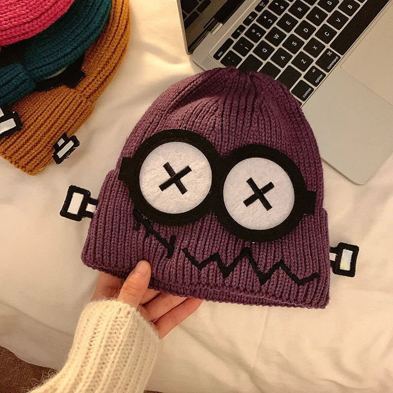 Dospita  -  Kpop Cute Cartoon Cuff Beanie Cap Women's Candy Color Big Eyes Smile Skullies Hat Fashion Streetwear Student Warm Winter Knitted