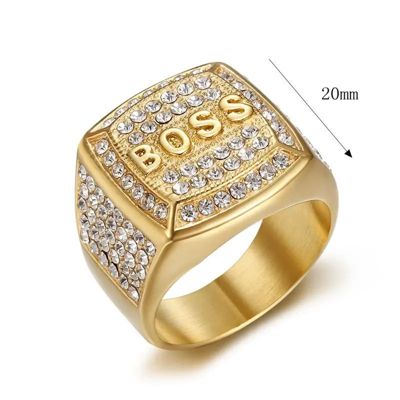 Dospita Stainless Steel Titanium Hip Hop Luxury Zircon Bling Iced Out BOSS Rings for Men Women Couple Boyfriends Gift Fashion Jewelry