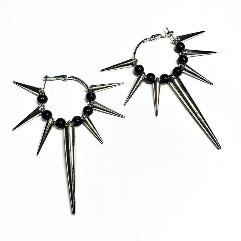 Dospita Grunge Y2K Black Beads Long Spike Hoops Earrings Vintage Kpop Spiky Rivet Big Hoop Huggies Earrings for Parry Egirl Jewelry