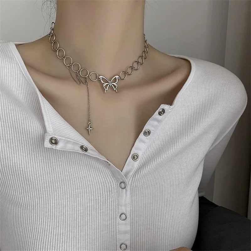 Dospita Trendy Hollow Love Heart Shaped Pendant Necklace Chain Shiny Women Irregular Y2K Jewelry Silver Color Choker Jewelry Gift