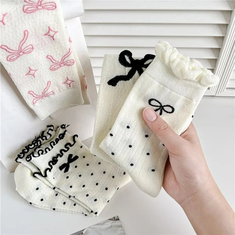 Dospita  -  1/4pairs Lolita Bow Breathable Socks Ballet Style JK Mid Tube Socks Sweet Balletcore Girls Hollow Mesh Anti Pilling Pile Socks