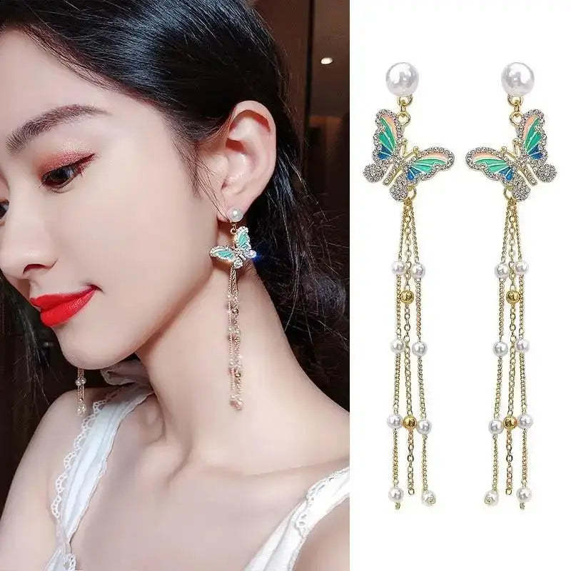 Dospita  -   Needle Purple Butterfly Long Tassel Earrings For Women Jewelry Trending Korean Fashion Luxury Crystal Earrings