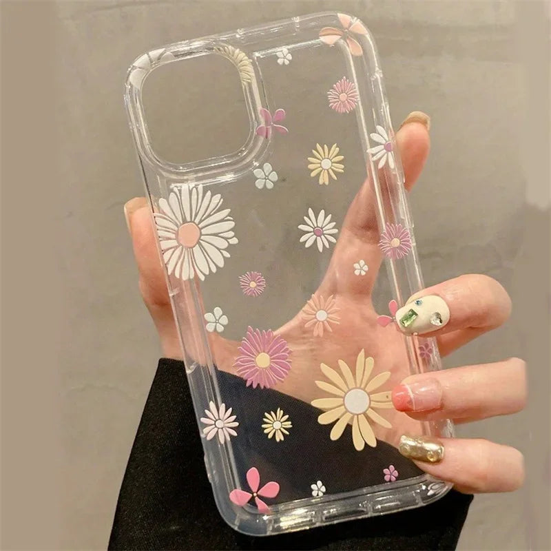 Dospita  -  Cute Cherry & Daisy Phone Case For iPhone 16 15 14 13 12 11 Pro Max X XR 7 8 Plus Transparent Silicone Shockproof Case Cover