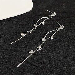 Dospita  -  Long Silver Plated Crystal Leaf Tassel Drop Earrings For Women Wedding Fashion Jewelry Gift