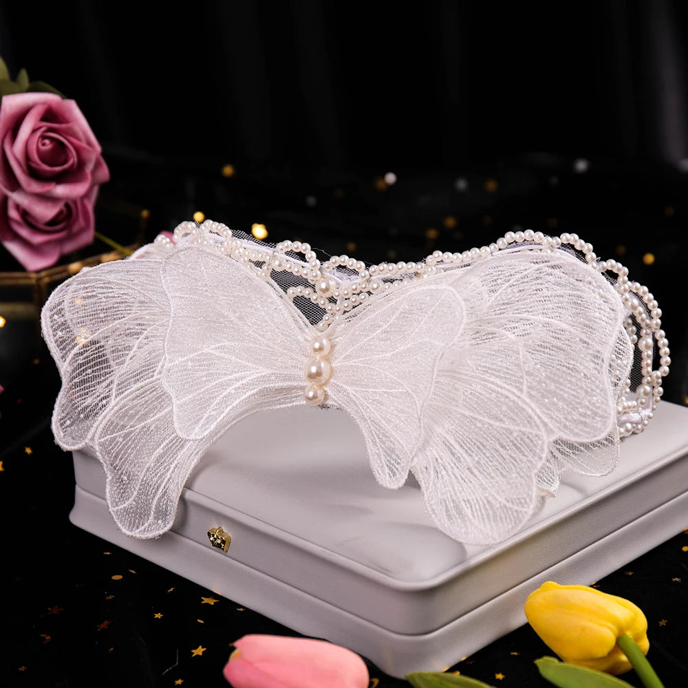 Dospita Bride Headpiece Layered Mesh Bow Decor Pearls Headband Hair Hoop Women Hairbands Bridal Wedding Hair Jewlery Accessories