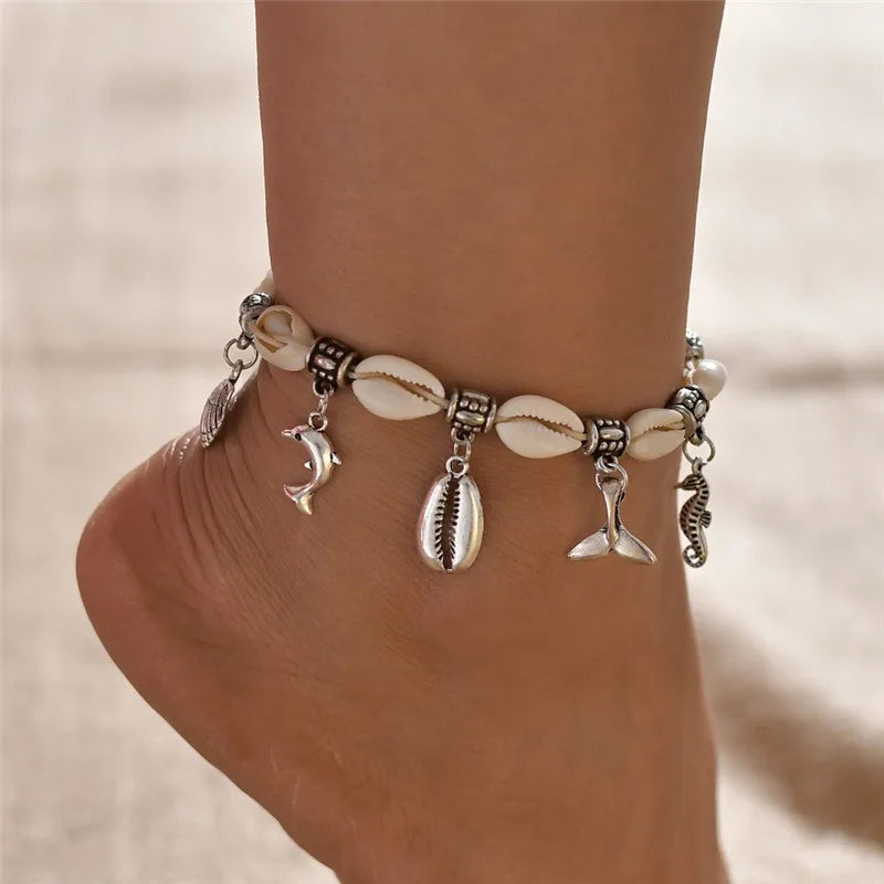 Dospita Fashion Bohemian Imitation Pearls Starfish Charms Bracelets Anklets For Women Summer Foot Chain Shell Jewelry Gift