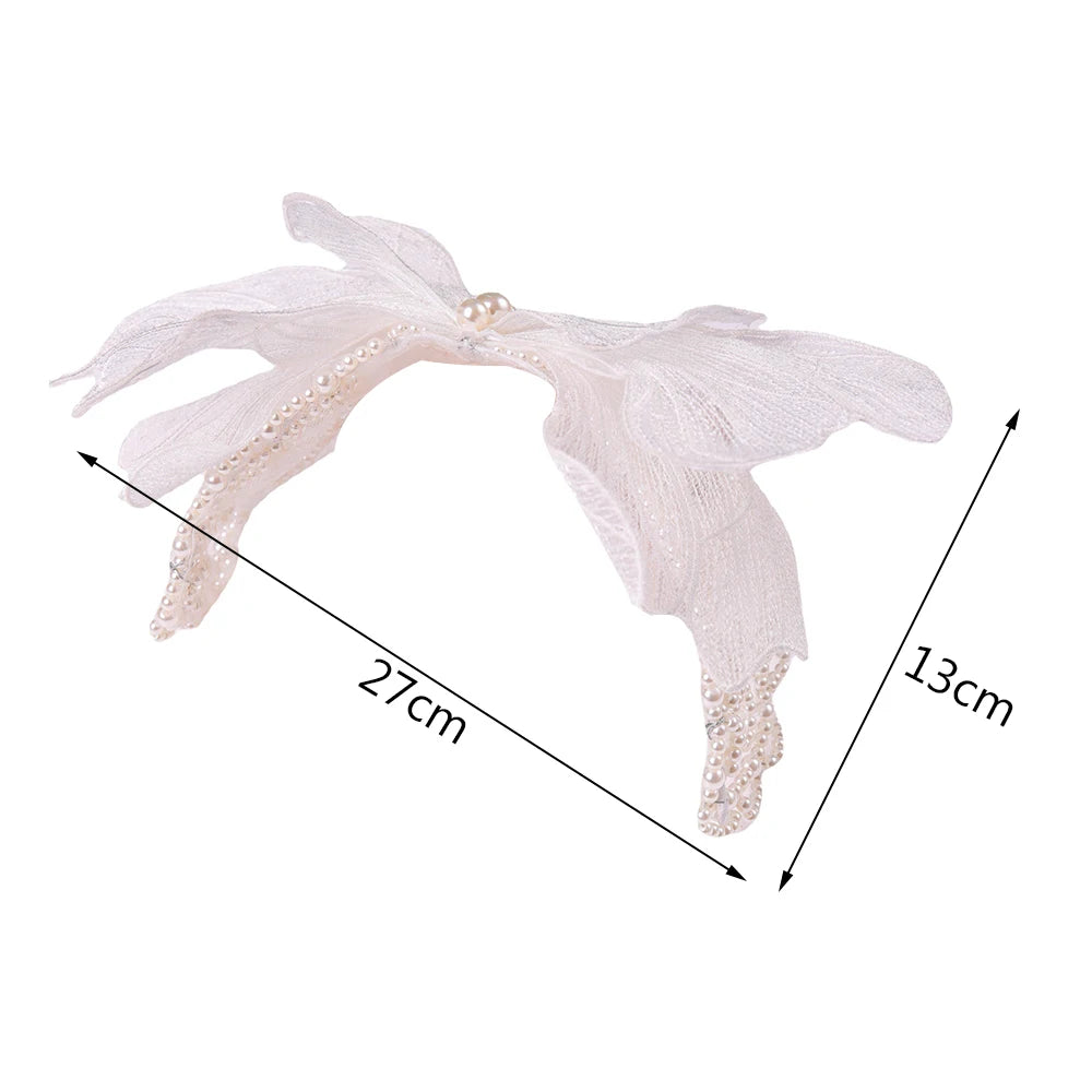 Dospita Bride Headpiece Layered Mesh Bow Decor Pearls Headband Hair Hoop Women Hairbands Bridal Wedding Hair Jewlery Accessories