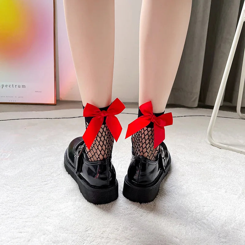 Dospita Fishnet socks bow Japanese women Lolita Sweet Princess socks White cute Korean version black lace fishnet socks