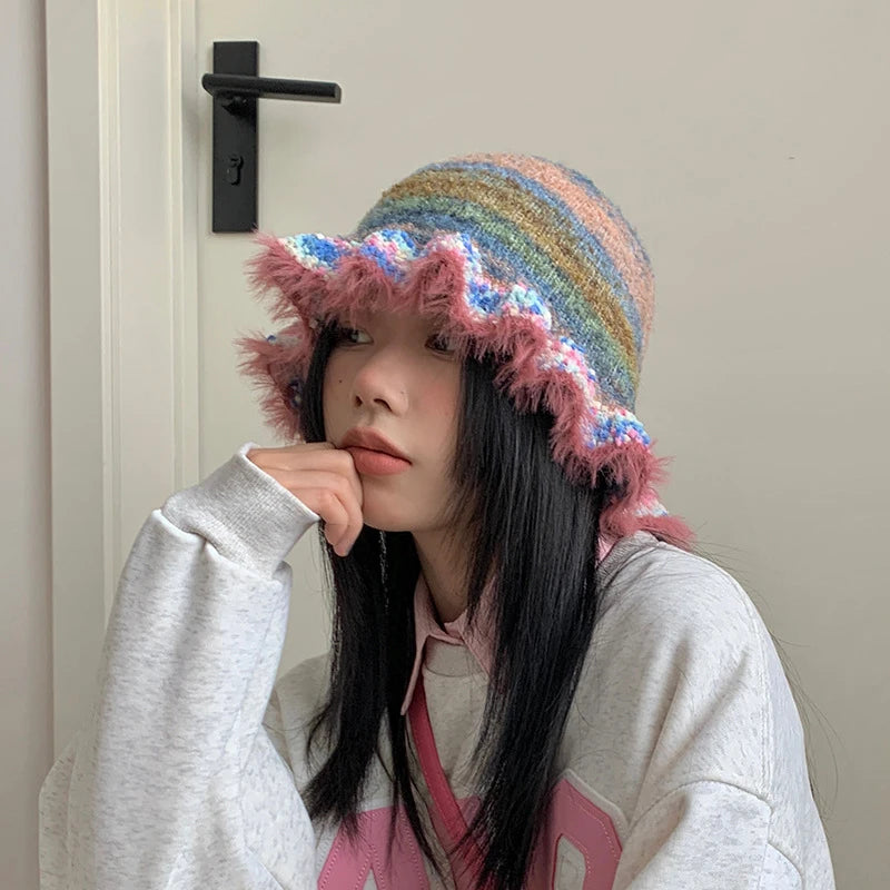 Dospita New Rainbow Gradient Knitted Hat for Women Autumn Winter Soft Warm Faux Fur Bucket Caps Retro Casual Striped Beanies Hats