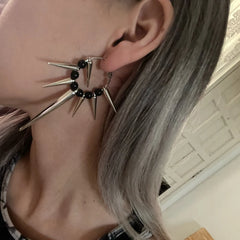 Dospita Grunge Y2K Black Beads Long Spike Hoops Earrings Vintage Kpop Spiky Rivet Big Hoop Huggies Earrings for Parry Egirl Jewelry