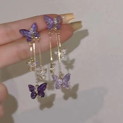 Dospita  -   Needle Purple Butterfly Long Tassel Earrings For Women Jewelry Trending Korean Fashion Luxury Crystal Earrings