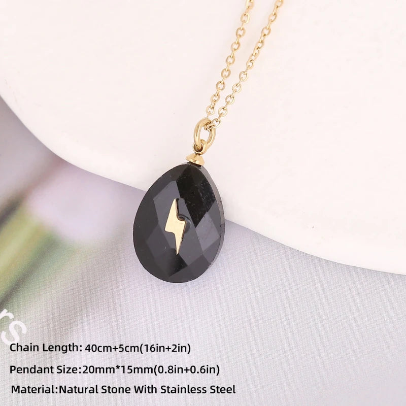 Dospita Fashion Natural Stone Water Drop Pendant Necklaces Women Stainless Steel Cross Lightning Star Clavicle Necklace Creative Jewelry