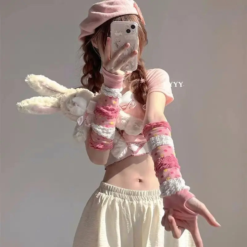 Dospita Cute Lolita Pink Long Gloves Kawaii Girls Fluffy Bubble Design Color Dots Sleeves Women Sunscreen Oversleeves Y2k Arm Warmers