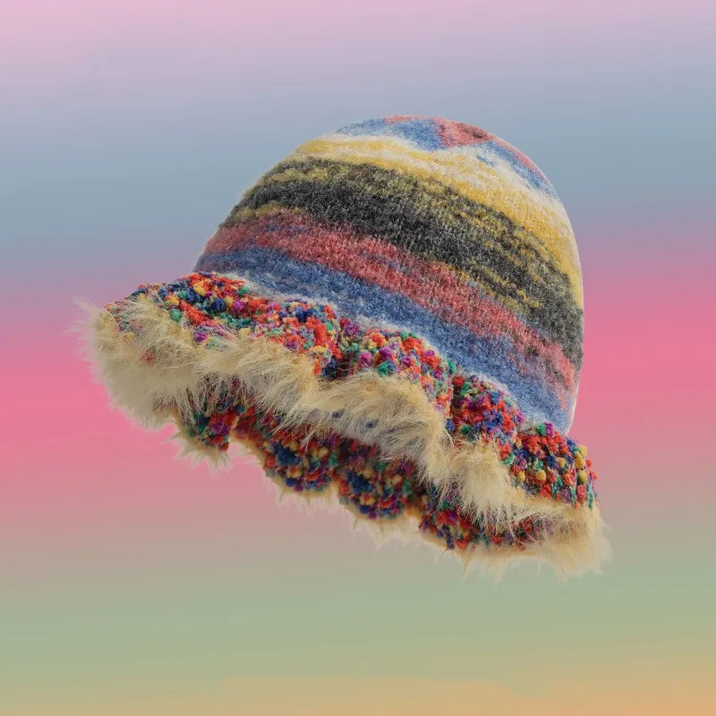 Dospita Y2k Hot Girls Winter Hat Colorful Knitted Hat Gradient Striped Woolen Bucket Hat Women Cute Plush Hats Casual Warm Fisherman Hat