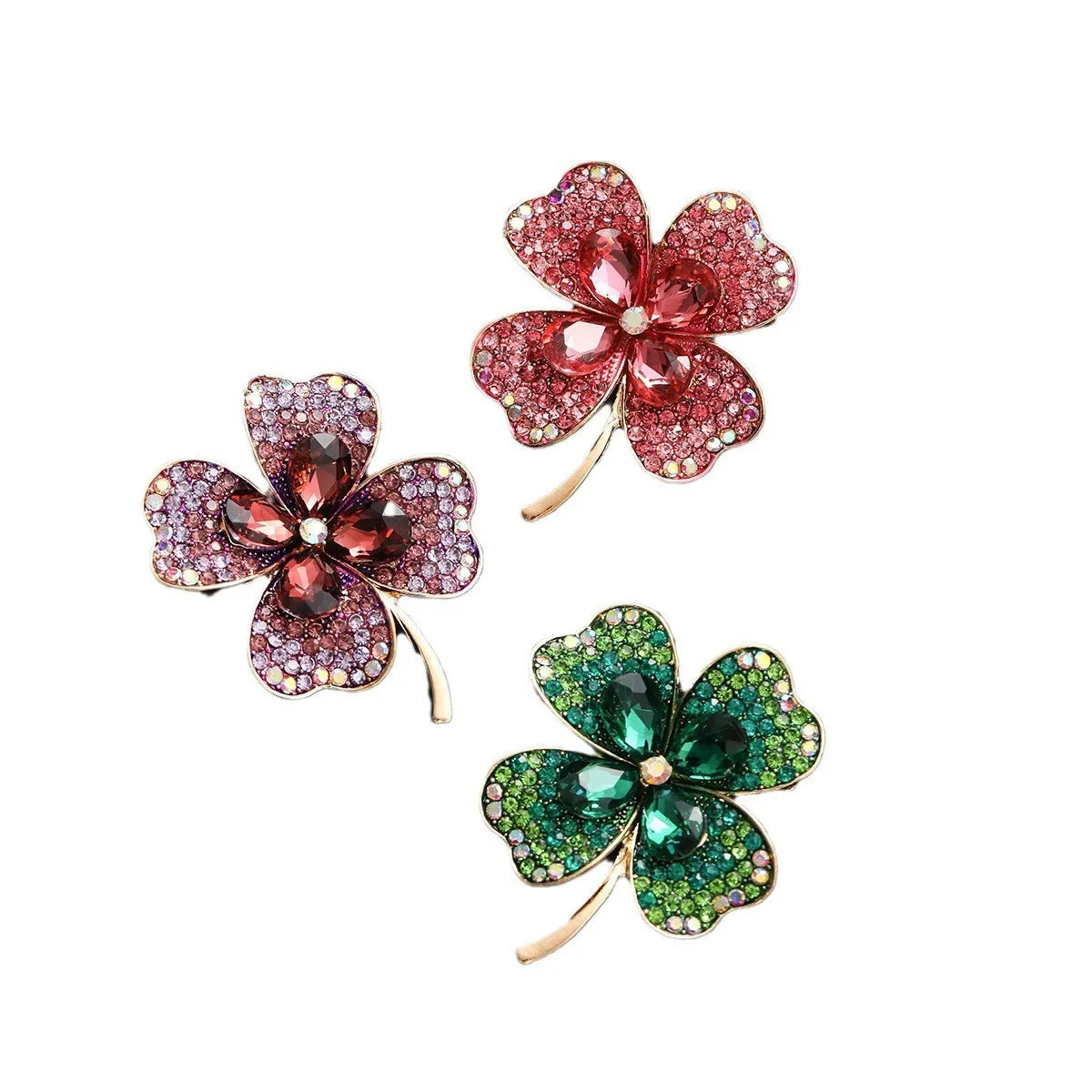 Dospita Korean High-End Multi Color Green Purple Red Pink Crystal Rhinestones 4 Leaf Clover Brooches Pins Women Clothing Accessories