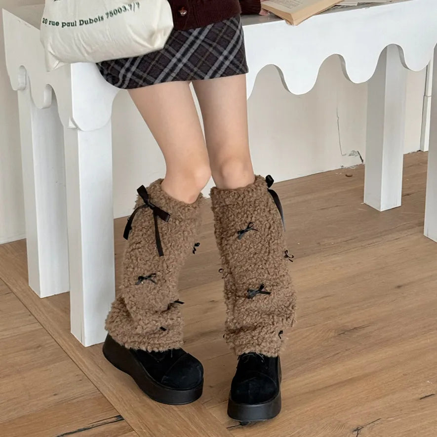 Dospita New Bow Lamb Leg Warmers Winter Warm Plush Boots Cover Socks Half Leg Socks Y2K Women Gothic Lolita Kawaii Jk Accessories