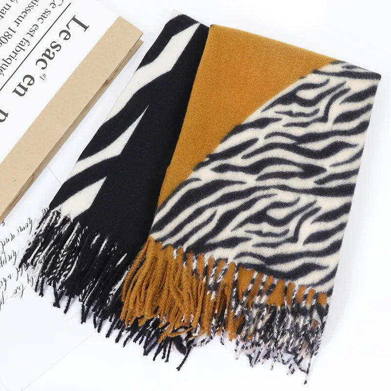 Dospita New Fashion Winter Cashmere Scarf For Women Zebra Stitching Leopard Printed Shawl And Wraps Dual-Use Thick Warm Foulard