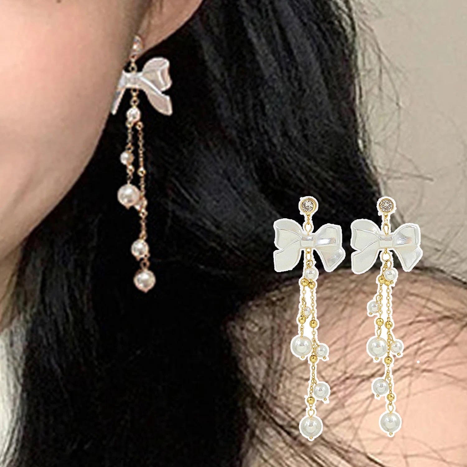 Dospita Fashion Sweet Bow Pearl Tassel Earrings for Women New Korean Elegant Long Drop Earrings Jewelry Party Gift