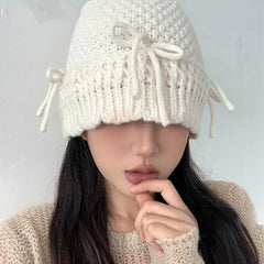 Dospita New Japanese Korean Designer Y2K Yabi Style Bow Tie Girl Autumn Winter Wool Knitted Dome Fisherman Hat Basin Hat Women Amiment