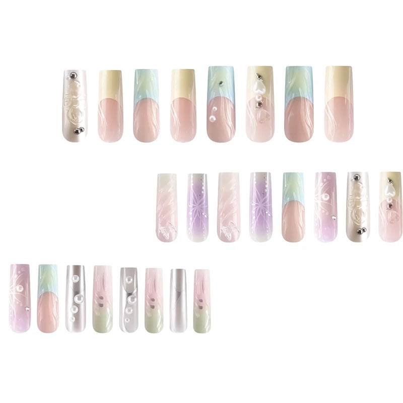 Dospita 24pcs French 3D Colorful Press on Nail Smudge Y2k Butterfly Square Fake Nails White pearl Wearable False Nail for Women and Girl