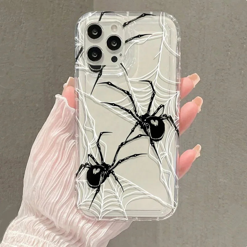 Dospita  -  Black Spider Web Soft Phone Case For iPhone 13 11 12 14 15 16 Pro Max XR X XS Max 7 8 15 Plus SE 3 Shockproof Transparent Cover