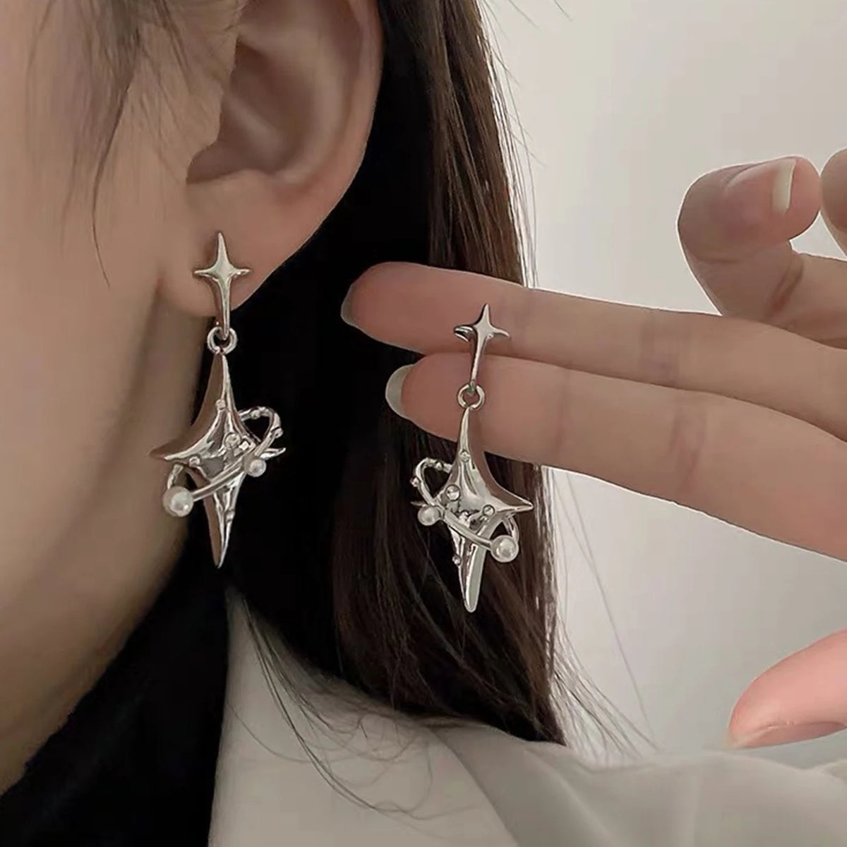 Dospita 2024 Fashion Silver Color Cross Star Zircon Stud Earrings for Women Girl Korean Four-Pointed Star Personality Earrings Jewellery