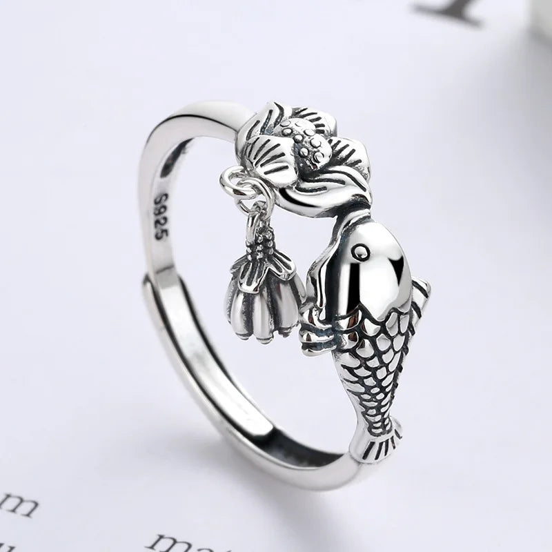 Dospita Retro Carp Pixiu Ring Feng Shui Amulet Wealth Lucky Rings For Men and Women Adjustable Copper Coin Ring Jewelry Birthday Gift